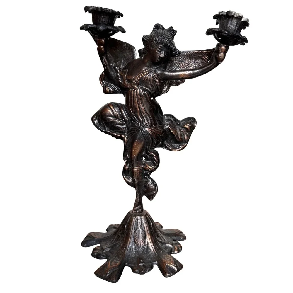 Vtg Winged Fairy Angel Candelabra Cast‎ Metal Double Taper Art Nouveau  Bronze